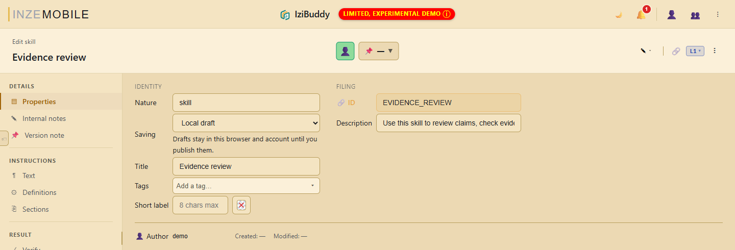 IziBuddy skill editor showing Skill type and Local draft mode.